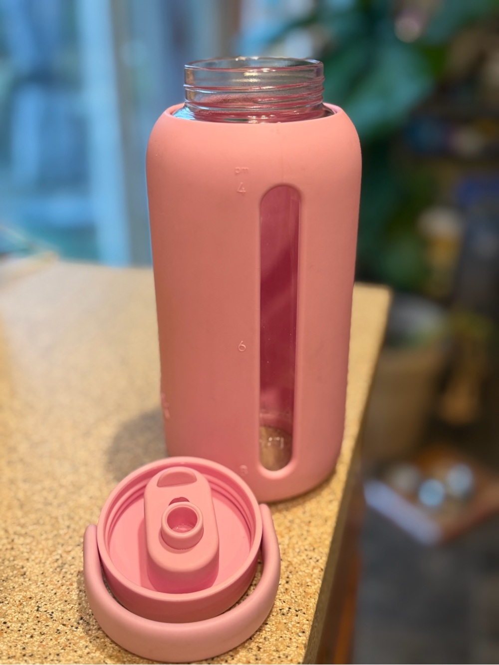 Bink Pink Glass Water Bottle Silicone Sleeve Flip Straw Lid 24 oz